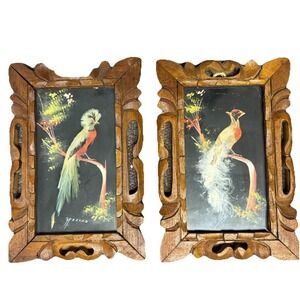 Set Of 2 - Vintage Wood Framed Mexican Feathercraft Picture